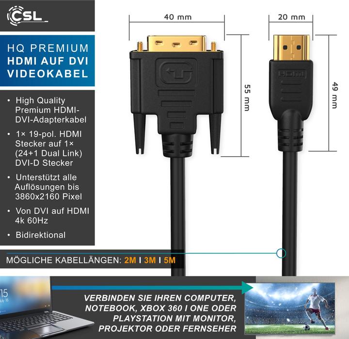 Actual product image CSL DVI to HDMI cable - Dual Link 24 1 - HDTV resolutions up to 2560x1600 - OFC copper conductor (3 m, HDMI, DVI)