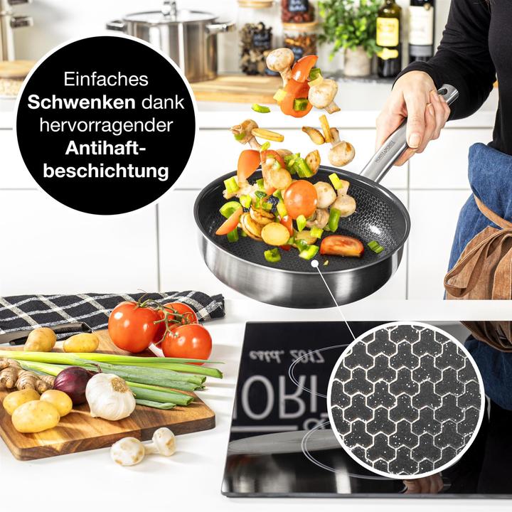 Produktbild Moritz & Moritz Edelstahlpfanne Wabenstruktur 24cm mit Keramikbeschichtung der neuesten Generation (Pfannenset + Topfset, Edelstahl)
