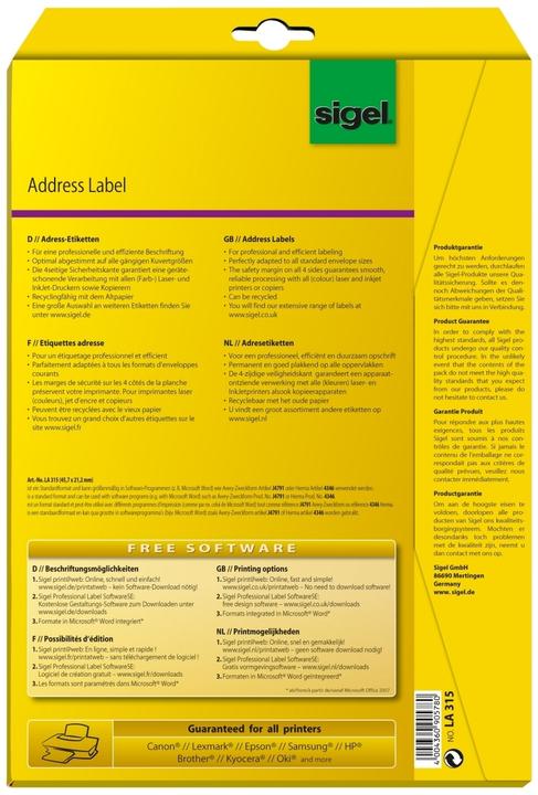 Nährwerte und Zutaten Sigel Adress-Etiketten