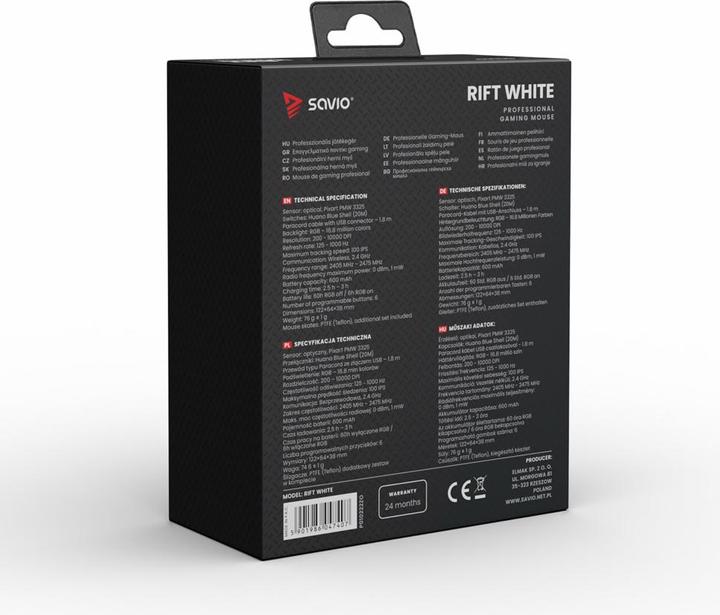 Produktbild Savio RIFT WHITE Gaming-Maus RGB Dual Mode (Kabelgebunden, Kabellos)
