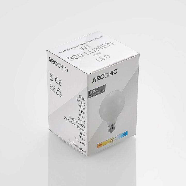 Actual product image Arcchio LED lamp E27 8W 2,700K G95 Globe, dimmable, opal (E27, 8 W, 980 lm, 1 x, E)