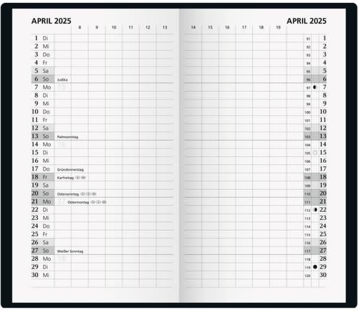 Nährwerte und Zutaten Glocken Taschenkalender 8,7x15,3cm 1 Monat/2 Seiten Kunststoff-Einband schwarz 2025