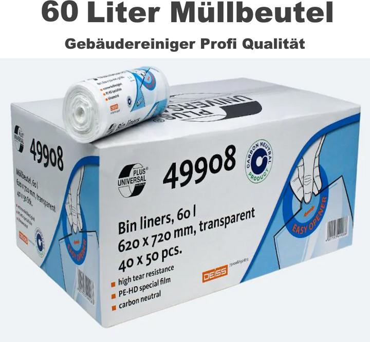 Deiss 2000 Müllbeutel ® UNIVERSAL PLUS 60 Liter transparent (2000 x, 60 l)