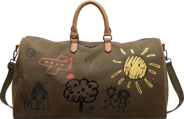Only-Bags.Store Vintage Canvas Travel Duffel Bag, Cartoon Graffiti Print Wochenendtasche mit Schultergurt, Portable