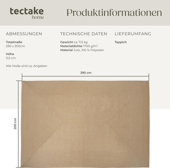 Produktbild tectake Geflochtener Teppich Vibe aus Jute, Boho-Stil (290 x 200 x 0.5 cm)