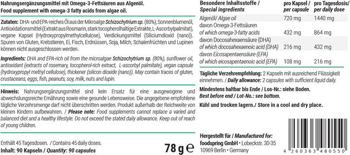 Valori nutrizionali e ingredienti Foodspring Omega 3 Capsule (1 Pezzo/i, Pillole, 78 g)
