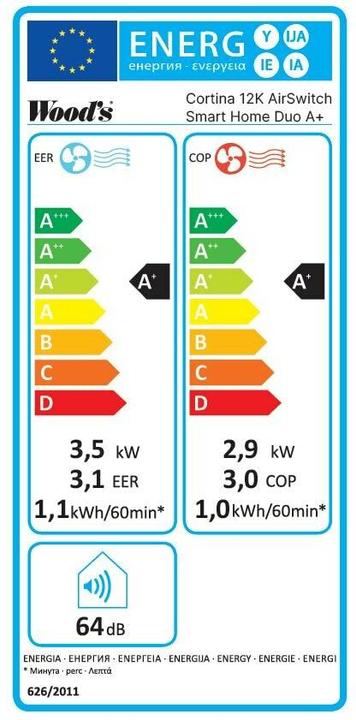 Label énergétique Wood's AC Cortina (40 m², 12000 BTU/h)