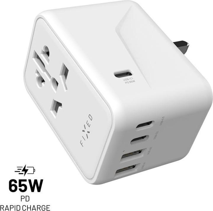 Fixed Voyager 65 W travel adapter for EU, UK and USA/AUS, with 3xUSB-C and 2xUSB output, GaN, PD 65W, whit