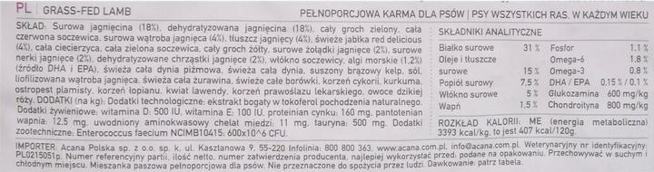 Nutritional values and ingredients Acana Singles Grass-Fed Lamb (Adult, 1 pcs., 6000 g)
