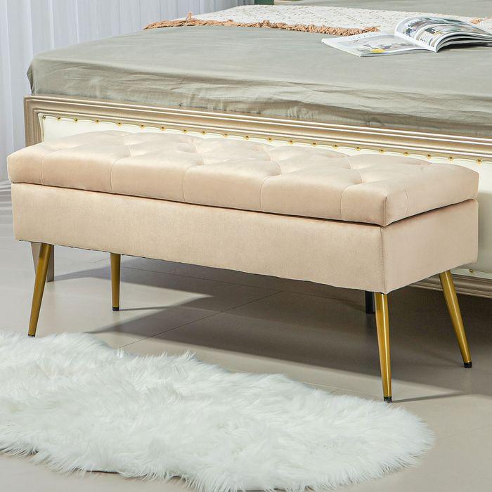 Immagine prodotto Swisshandel24 Sitzbank Polsterbank mit Stauraum Bettbank mit Samtoptik für Flur Metall Beige (35 cm)