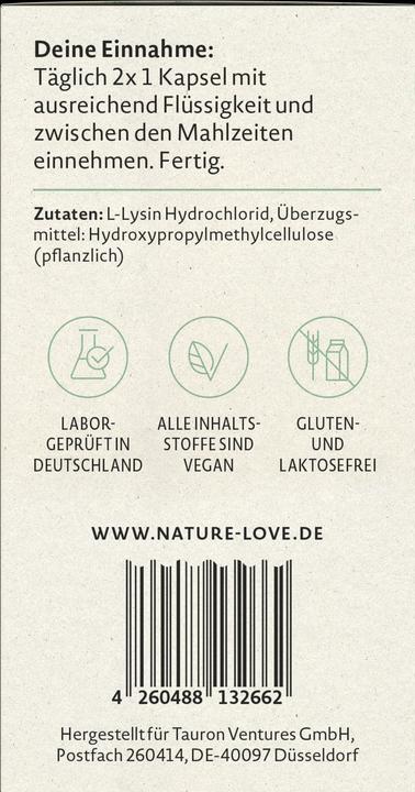 Valeurs nutritives et ingrédients Nature Love L-Lysine (180 pièce(s), Capsules, 107 g)