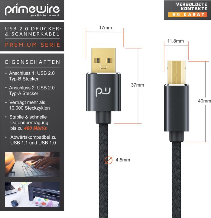 Produktbild Primewire USB Kabel 2.0, Druckerkabel Typ A auf Typ B Stecker, Scannerkabel mit Nylonmantel, Metallstecker (1 m, USB 2.0)