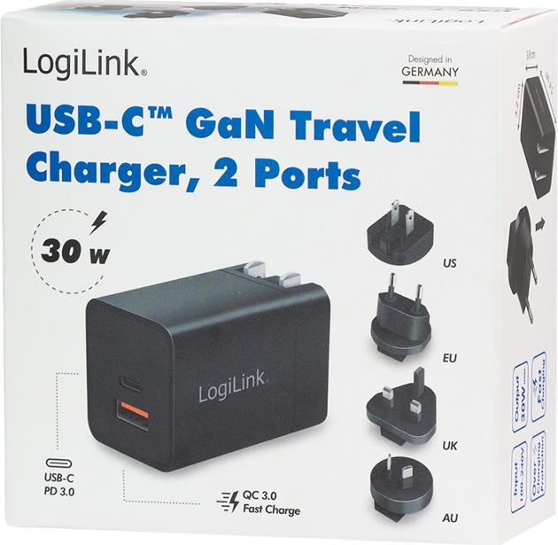 Actual product image LogiLink USB socket travel adapter, 1x USB-A, 1x USB-C, GaN technology, 30 W (30 W)