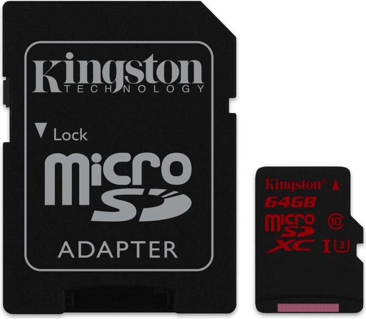 Produktbild Kingston microSDXHC UHS-I mit Adapter (64 GB, microSDXC, U3, UHS-I)