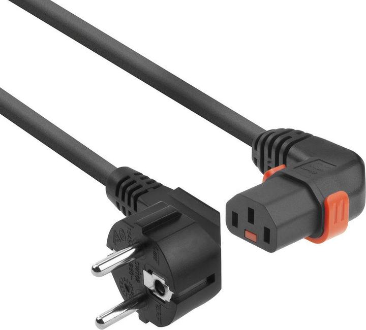 Actual product image Iec Lock 230V Powercord CEE 7/7 male(angled) to C13 (right angled) lockable, black, 2 meter (2 m)