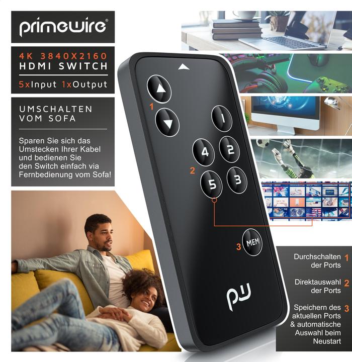 Actual product image Primewire HDMI 2.0 switch, 5-port Ultra HD 4K HDMI switch with remote control, 5x IN/1x OUT distributor