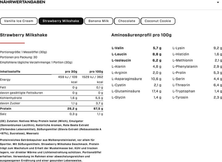 Valeurs nutritives et ingrédients Vast AWHEY - 100% Whey Protein Isolate - 900g (Fraise, 1 pcs, 900 g)