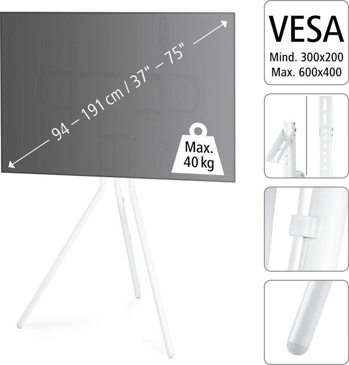 Image du produit Hama Easel Design - Support pour téléviseur - métal - blanc - Taille d'écran : 94-191 cm (75.20", 40 kg)