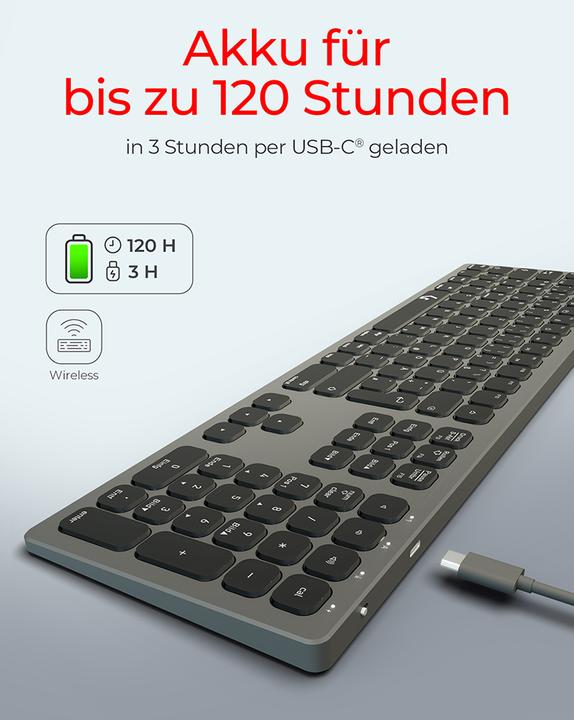 Produktbild KeySonic Full-Size Aluminium Tastatur, Bluetooth® & RF, für Win & macOS (DE, Kabellos)