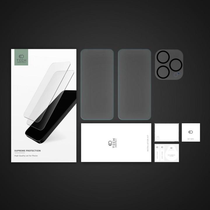 Produktbild Tech-Protect Supreme Set for iPhone 15 Pro 2x Tempered Glass for Display / Tempered Glass for Camera (1 Stück, Apple iPhone 15 Pro)