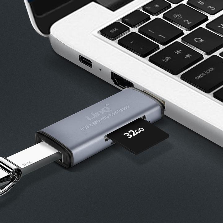 Produktbild LinQ 2-in-1 Lightning / USB-Stecker SD / Micro-SD Kartenleser, - Grau (Lightning, USB)