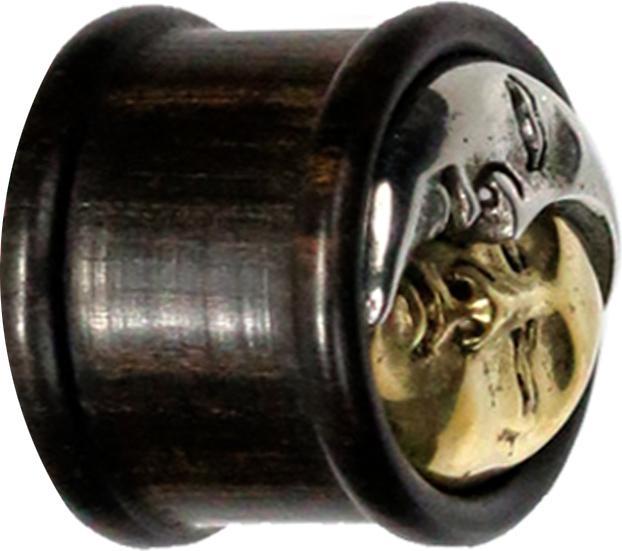 Produktbild Star Piercing Flared Plug Blume Sonne und Mond aus Arang Holz (Organisch, Messing)
