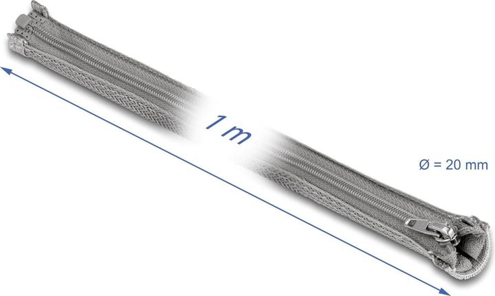 Produktbild Delock Geflechtschlauch mit Reissverschluss hitzebeständig 1 m x 20 mm grau (Kabelschlauch, 100 cm)
