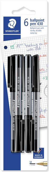Produktbild Staedtler stick 430 Kugelschreiber Blisterkarte mit 6 Stück, schwarz, Linienbreite M (Schwarz, 6 x)