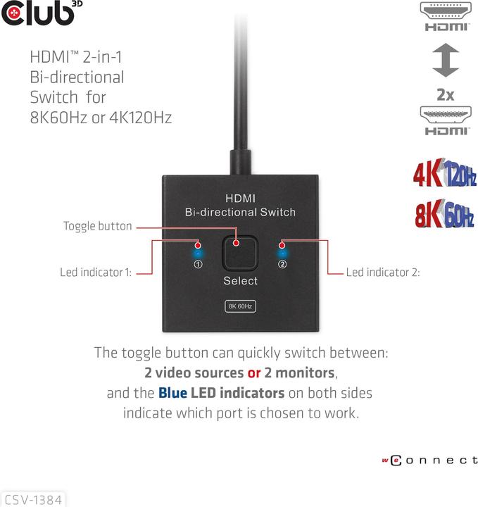 Produktbild Club 3D Club3D HDMI Switch 2-in-1 bidirektional 8K60Hz/4K120Hz UHD retail