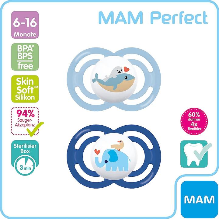 Produktbild MAM Perfect Silikon Schnuller 2 Stück 6-16 Monate Wal Elefant