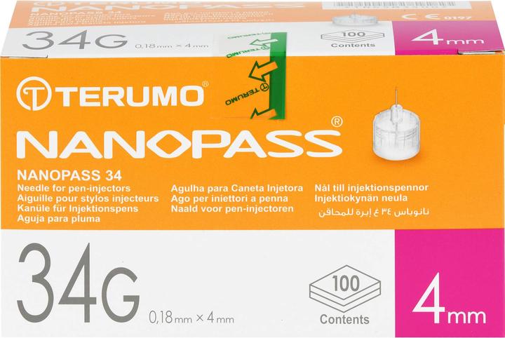 Actual product image Terumo NANOPASS 34 pen needle 34G 0.18X4mm, 100 pcs KAN