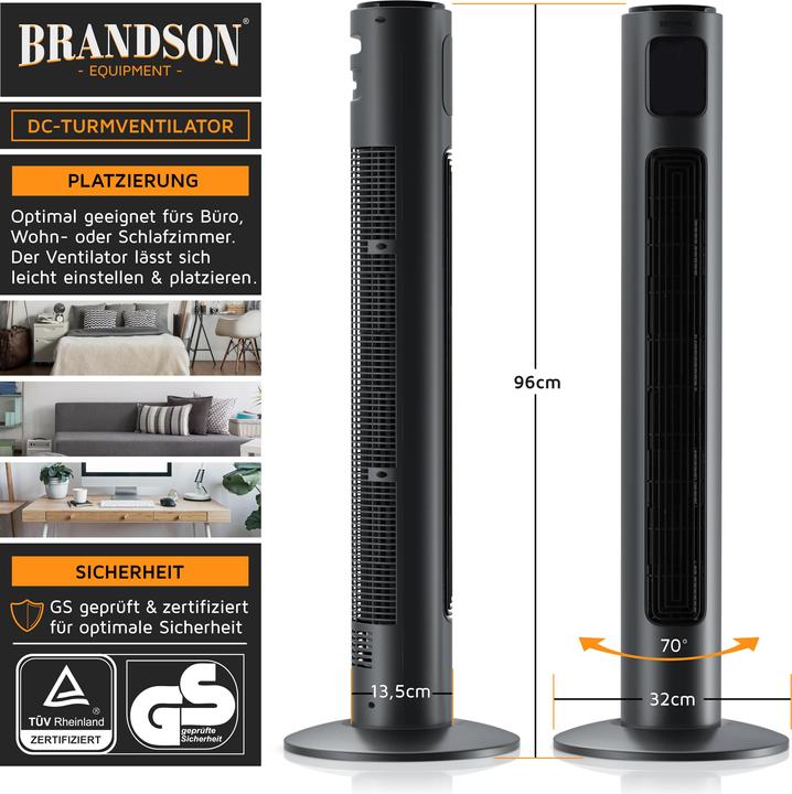 Image du produit Brandson Ventilateur de tour, DC, silencieux et efficace, 12 vitesses, minuterie, oscillation, télécommande (50 dB)