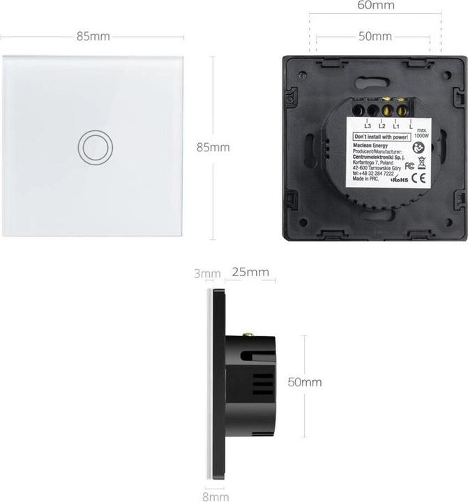 Produktbild Maclean TouchLichtschalter, doppelt, Glas, weiss mit quadratischem Knopf Energy