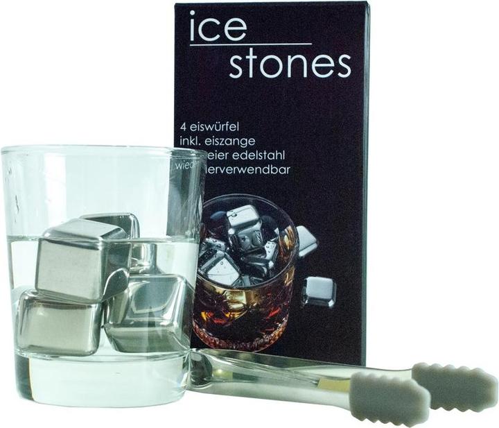 Produktbild Novidarte ICE STONES Wiederverwendbare Eiswürfel/Whiskey Steine aus Edelstahl, 4-tlg inkl. Eiszange (Whisky Steine)
