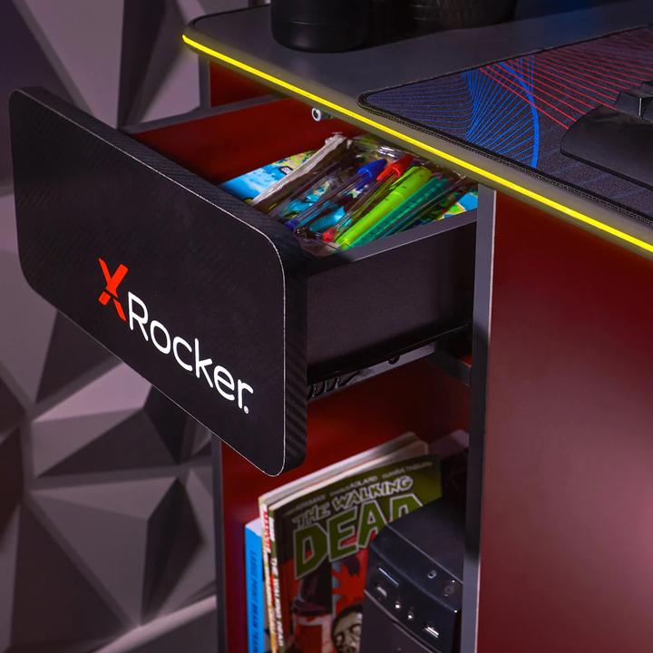 Image du produit X Rocker Bureau de jeu Carbon-Tek avec chargeur sans fil et éclairage LED Gris/Rouge