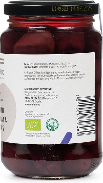 Actual product image Delinio Bio Kalamata Oliven, 370 gr Glas (550 g)