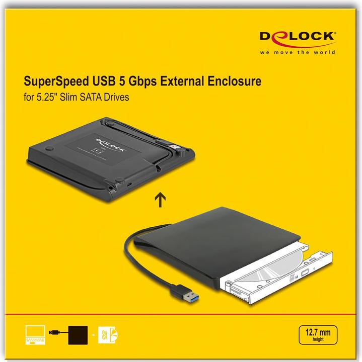 Actual product image Delock External enclosure for 5.25" Slim SATA drives 12.7 mm to SuperSpeed USB 5 Gbps Type-A connector (5.25")