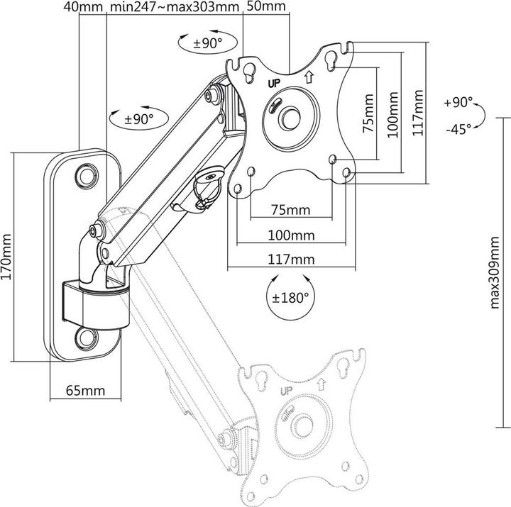 Actual product image Maclean Monitor wall mount 17-27" 7kg max gas spring MC-458 (Wall, 27.01")