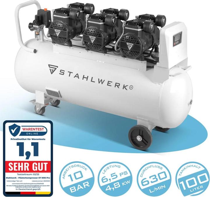 Immagine prodotto Stahlwerk Compressore ST-1010 Pro 10 bar, 6,5 hp, 4,8 kW, 630 l/min, serbatoio da 100 l (10 bar, 100 l)