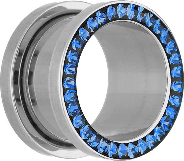Star Piercing Flesh Tunnel silber mit Kristall dunkelblau und Epoxy Schutzschicht (Chirurgenstahl 316L, ohne Messing)