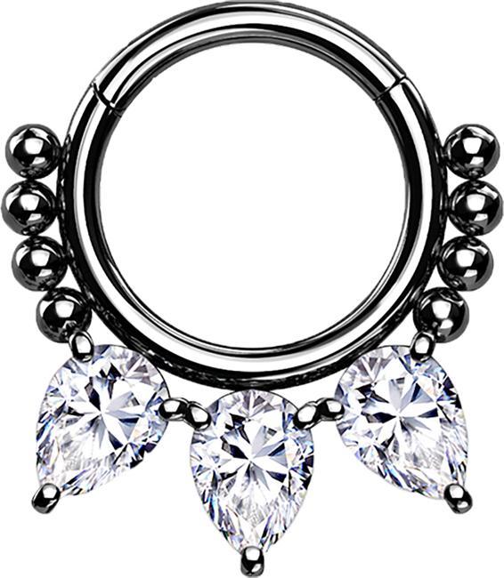 Produktbild Star Piercing Micro Segmentring klappbar schwarz Kugeln und drei tropfen Kristalle (Chirurgenstahl 316L, ohne Messing)