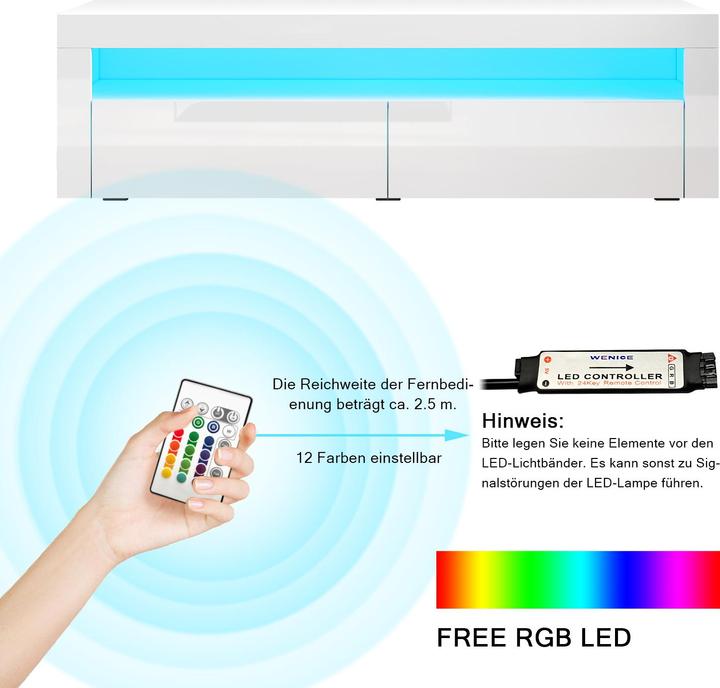Image du produit SONNI Meuble TV mural avec éclairage LED (configurable en 12 couleurs), 155 x 40 x 45 cm, blanc bril