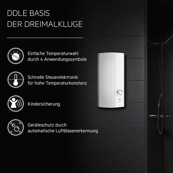 Produktbild AEG Haustechnik DDLE Basis 18/21/24 kW Elektronischer Durchlauferhitzer, Temperaturwahl durch Anwendungssymbole