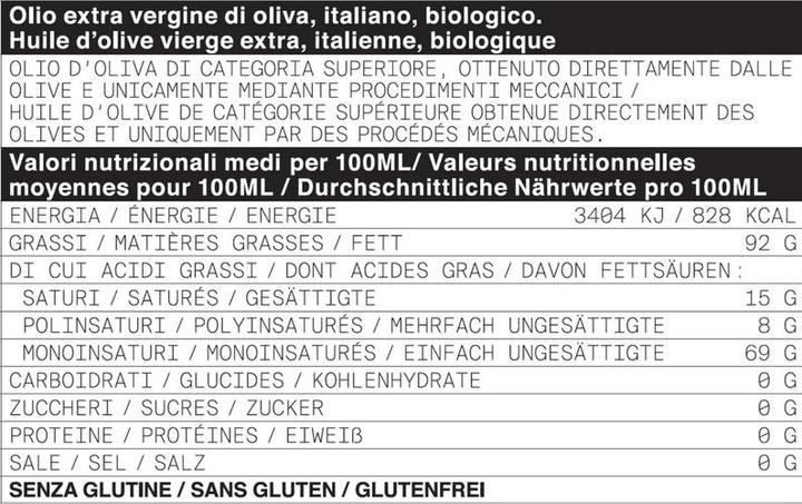 Valeurs nutritives et ingrédients Ólixir Huile d'olive vierge extra Bio (500 ml)