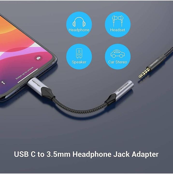 Actual product image Vention USB-C Male to 3.5MM Earphone Jack With DAC Adapter 0.1M Gray Aluminum Alloy Type (0.10 m, Device-specific)
