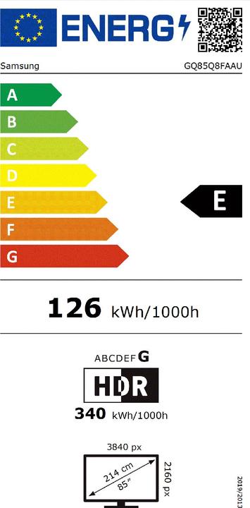 Energy Label Samsung 85" QLED Q8F 4K Vision AI Smart TV 2025 (85", QLED, 4K, 2025)