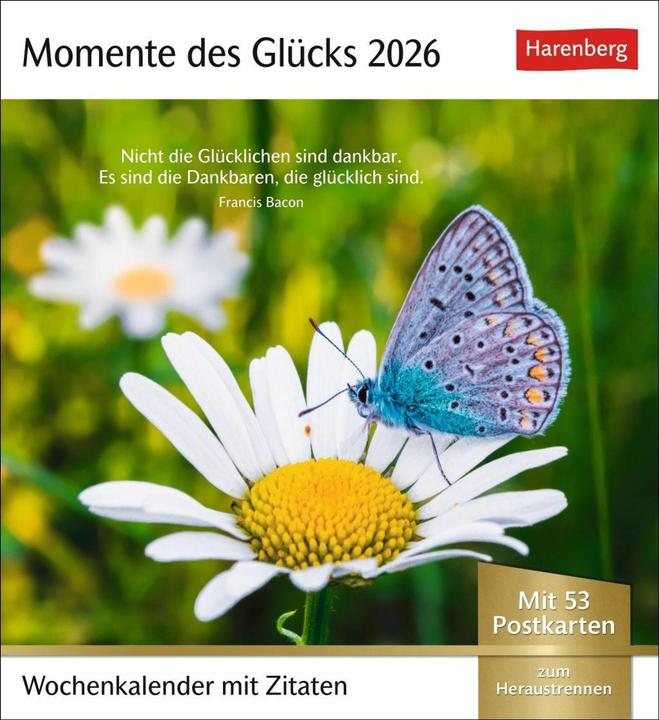 Immagine prodotto Harenberg Momente des Glücks Postkartenkalender 2026 - Wochenkalender mit Zitaten, mit 53 Postkarte (Copertina rigida, Tedesco)