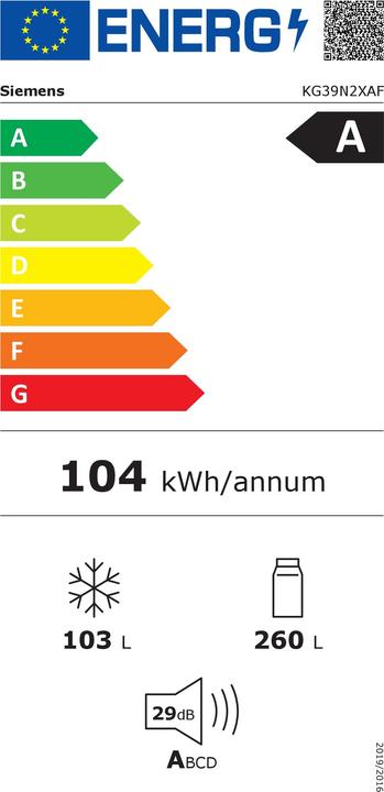 Energy Label Siemens KG39N2XAF Free-standing fridge-freezer combination (364 l)