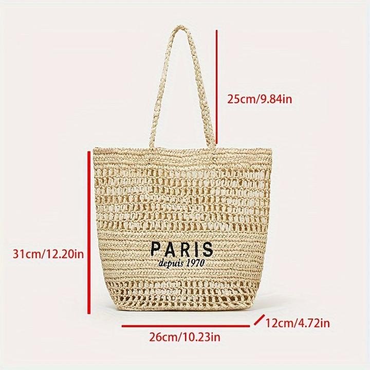 Produktbild Only-Bags.Store Ausgehöhlte Stroh gewebte Einkaufstasche, modische Stickerei-Buchstaben-Umhängetasche, Strandtasche