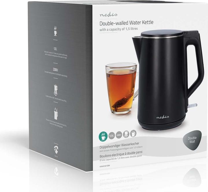 Produktbild Nedis Wasserkocher | 1.5 l | Plastik | Schwarz | Um 360 Grad drehbar | Verdecktes Heizelement | Stri (1.50 l)